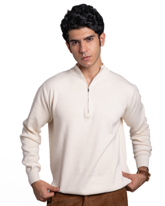 Quarter-Zip – Fitted Cotton Knit - Ivory